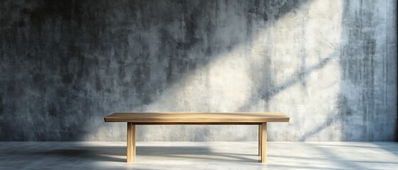 An unoccupied studio environment with stark concrete walls and a wooden table placed against a minimalist setting.