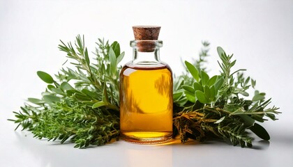 Bottle of essential oil with herbs on white background 