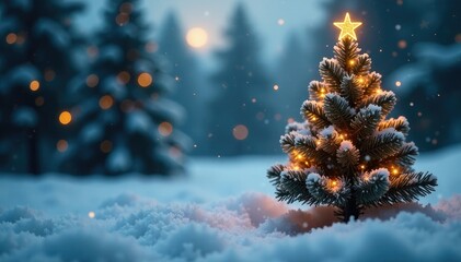 Sparkling snowflakes gently fall on the Christmas tree, snowy scene, festive