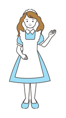 イラスト素材: イラスト素材:手を上げ案内するメイド風店員さん_全身