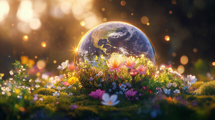 Earth in Bloom: A mesmerizing digital art piece depicting planet Earth gently nestled amidst a vibrant array of wildflowers, bathed in a warm, ethereal golden light.  The image evokes a sense of hope.