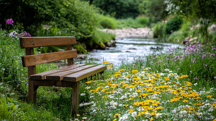 rustic wooden bench by a river in a meadow of flowers