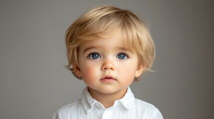 Naklejka premium A young child with soft blonde curls and bright blue eyes stares thoughtfully into the distance in a neutral-toned studio, showcasing a moment of pure innocence and curiosity