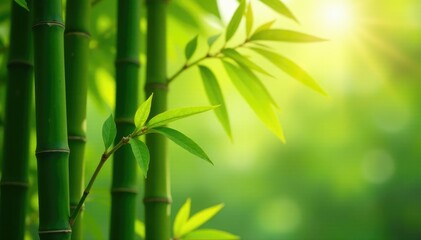 Obraz premium Tall green bamboo stalks sway gently on a warm peach tree branch, foliage, green, sunlight