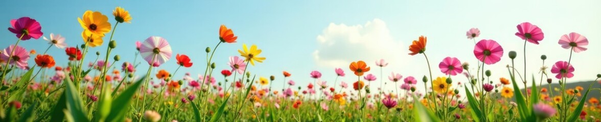 Fototapeta premium Tall stems of colorful flowers towering above the meadow, tall, wildflowers