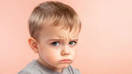 Portrait of a Toddler Boy Showing Anger and Frustration Against Pink Background