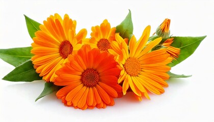 Calendula. Flowers with leaves isolated on white 