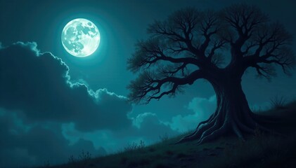 Fototapeta premium A full moon casts an ominous glow on the dark, foreboding foliage of an ancient tree in a creepy forest, darkness, spooky