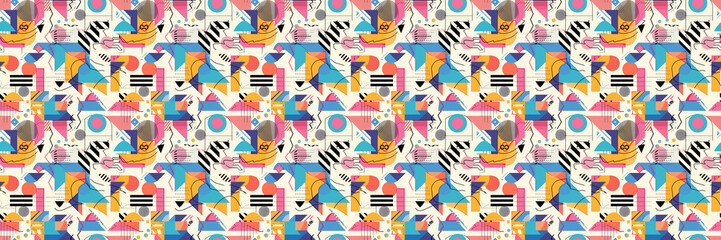 Obraz premium Seamless pattern with geometric shapes in the style. Multicolored vintage background with triangles, circles and squares for textile, fabric and Sudanese fabric art. 
