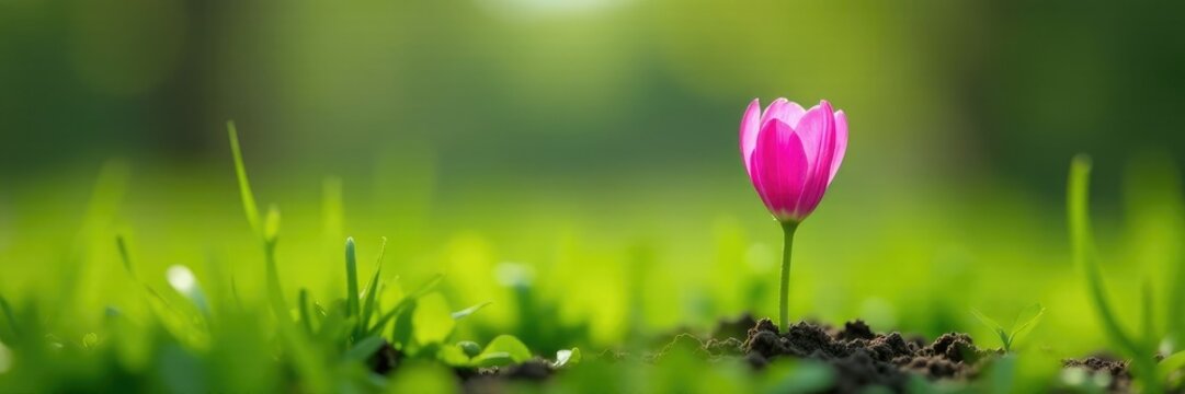A lone tuberose flower bud pokes through the soil in a verdant grassland, landscape, grass