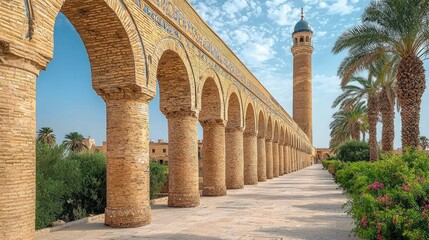 Obraz premium Arched Colonnade Leading to a Mosque Minaret