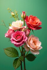 Fototapeta premium A posy of colorful mixed rose blooms against a soft green background, mixed blooms, nature