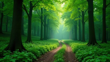 Naklejka premium A serene forest landscape featuring a winding path with green accents, tree-lined paths, verdant hues, winding roads