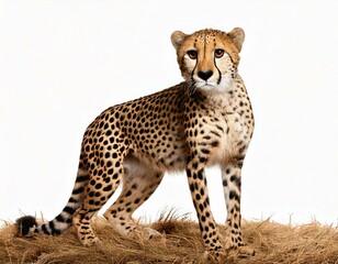 Fototapeta premium Cheetah, Acinonyx jubatus, 18 months old, standing in front of white