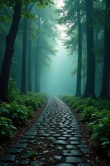 Fototapeta premium Cobblestone road vanishes into misty forest depths, seclusion, forest
