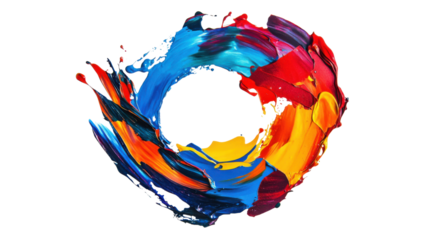 Colorful paint strokes rotating and forming a circle on transparent background