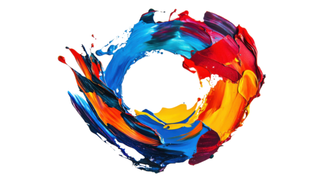 Colorful paint strokes rotating and forming a circle on transparent background