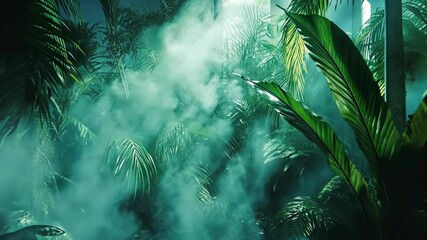Lush tropical plants enveloped in mist create an ethereal atmosphere in a vibrant indoor space - Powered by Adobe