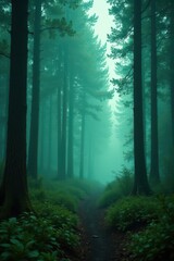Obraz premium Misty forest landscape with a scraped green background and eerie atmosphere , scraped green background, forest landscape