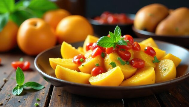 Comida para presentar en una mesa con naranjas y manzanas, salsas, manzanas, panes