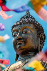 Serene Buddha statue, prayer flags, blue sky, Nepal, spiritual travel