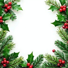 Fir branches intertwined with evergreen holly and mistletoe, Christmas borders, festive, snowy