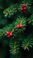 Fir tree with a mix of small and large pinecones and holly berries, color, nature