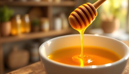Golden honey pours into a small white bowl