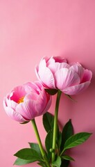 Obraz premium Freshly picked pink peonies against a soft pink backdrop, garden, flowers, blooms