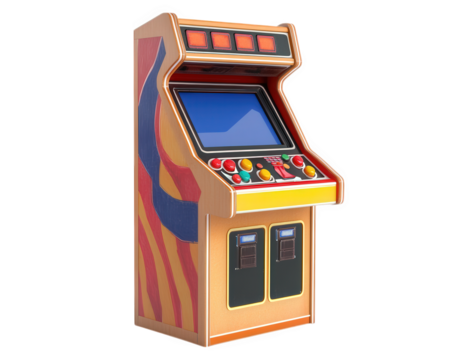 Retro arcade machine with colorful design and control panel