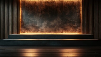 Black podium illuminated by spotlights in empty room with wooden floor