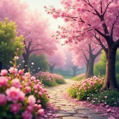 Fototapeta premium spring garden scenery background with blossoms, greenery, pink blossom