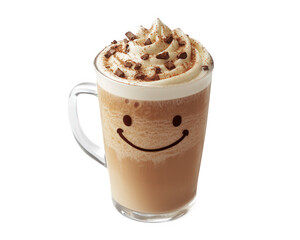 Creamy latte with smiley face art topped with whipped cream and chocolate sprinkles, isolated on transparency background, perfect for coffee lovers