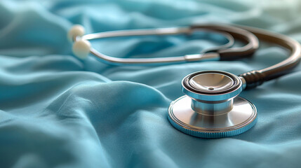 Stethoscope resting on soft blue fabric, symbolizing care