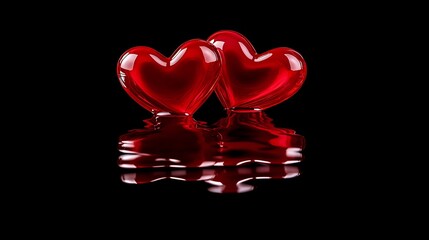 love and connection concept,Two red hearts on a reflective surface