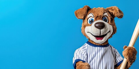 anthropomorphized dog mascot wearing blank pinstripe baseball jersey holding baseball bat 