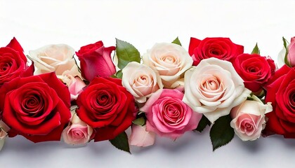 Collection of white, pink, red rose heads, panoramic view. Horizontal