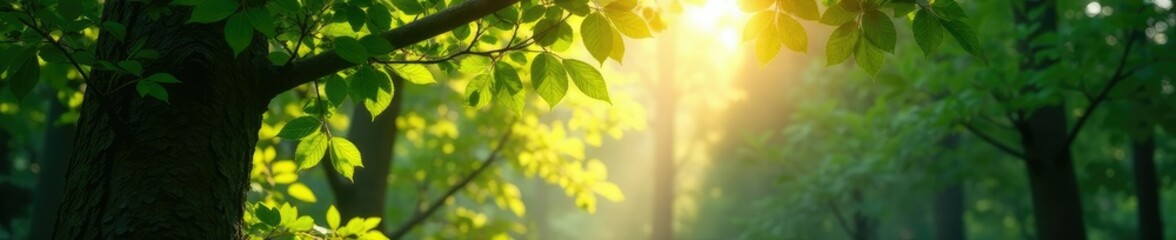 Light shines through the forest's leafy canopy, tree, leaves