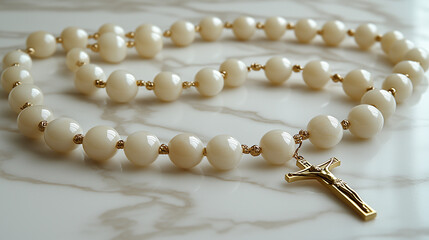 Elegant ivory rosary with gold crucifix on marble background.