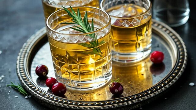Delightful whiskey cocktails served on a vintage tray with fresh herbs and garnishes