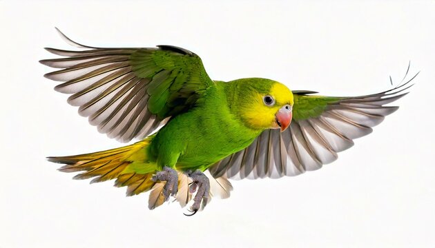 Composition of Pacific Parrotlet, Forpus coelestis, flying against white background