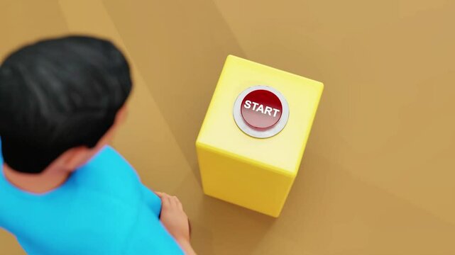 3D animated character pressing a "START" button. Ideal for UI/UX concepts, gaming, activation, and interactive content. High-quality motion, perfect for technology and digital applications.
