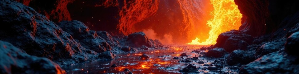 scattered tiles and molten lava in a volcanic cave, volcanic cave, fire