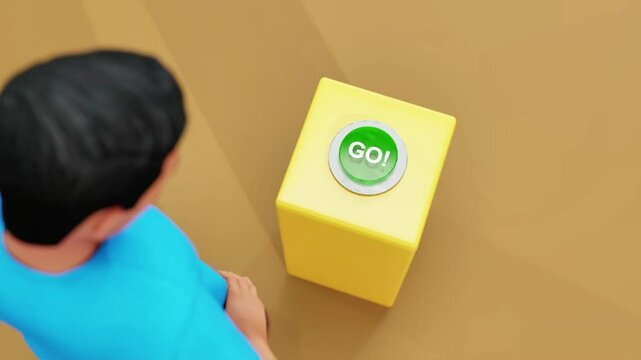 3D animated character pressing a "Go!" button. Perfect for user interface concepts, start actions, gaming, decision-making, and interactive content. High-quality motion with smooth animation.