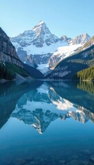 Naklejka premium Serene lake with snow-capped mountains reflected in its calm waters, mountain range, blue sky, white snow