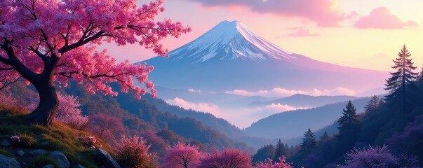 serene mountain landscape at dawn with sakura blossoms, nature, trees