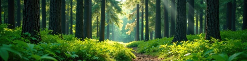 Fototapeta premium Summer forest scene with tall pines and ferns, fern, pine tree