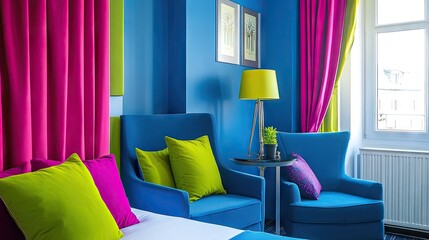 A boutique hotel room featuring a mix of deep magenta, bold blue, and neon green accents