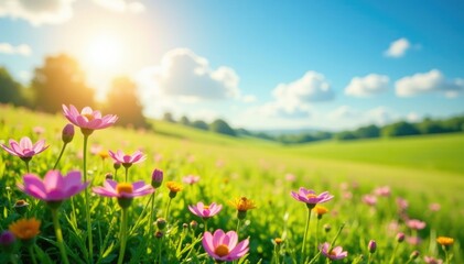 Obraz premium Sun-kissed meadow with delicate Ophelia tetrapetala flowers, floral displays, meadows