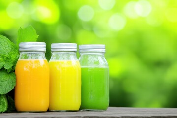 Fresh Fruit Juices in Glass Bottles with Green Nature Background